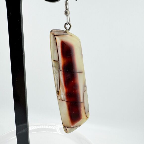 Long Red Cream White Striped Natural Stone Drop Earrings Bohemian Artisan Earthy - Picture 2 of 7